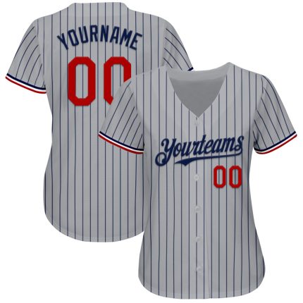 Custom Name and Number Authentic Baseball Jersey - Personalized Gray Navy Pinstripe Red-White Personalized Gray Navy Pinstripe