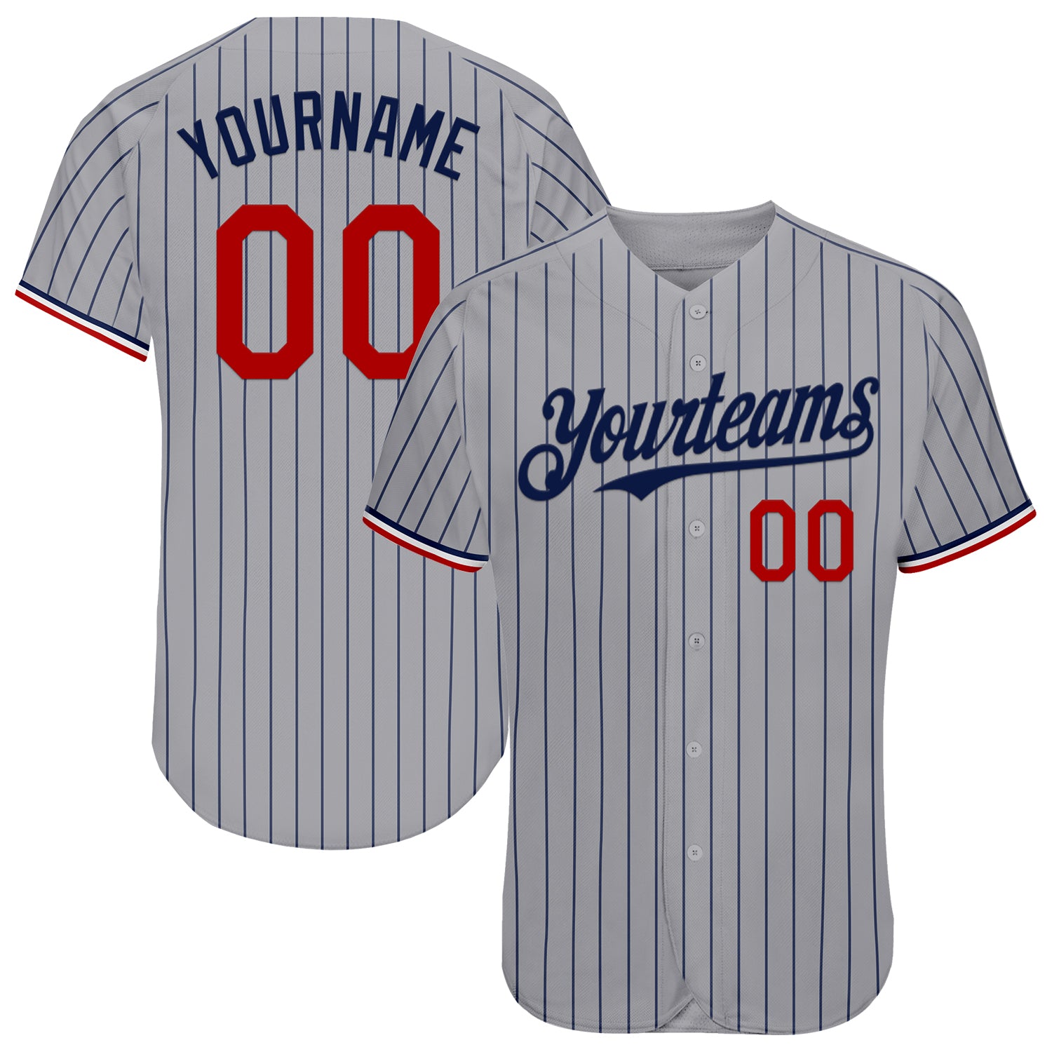 Custom Name and Number Authentic Baseball Jersey - Personalized Gray Navy Pinstripe Red-White Personalized Gray Navy Pinstripe