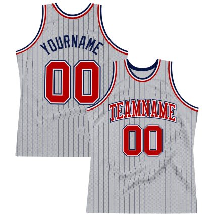 Custom Personalized Basketball Jersey with Pinstripe Design - Gray Navy Red-White, Team Name and Number Personalized Gray