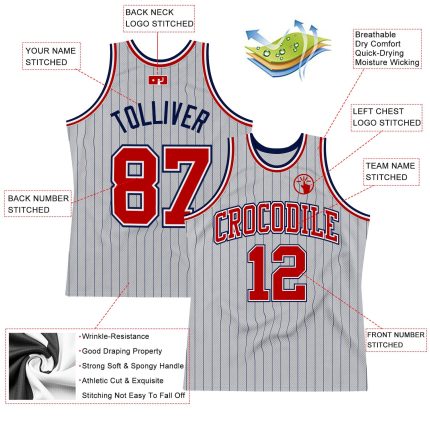 Custom Personalized Basketball Jersey with Pinstripe Design - Gray Navy Red-White, Team Name and Number Personalized Gray