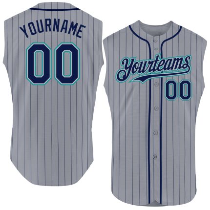 Custom Name and Number Personalized Authentic Baseball Jersey Gray Navy Pinstripe Teal Sleeveless Personalized Gray Navy