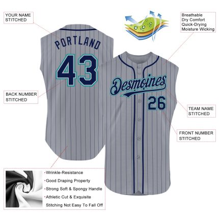 Custom Name and Number Personalized Authentic Baseball Jersey Gray Navy Pinstripe Teal Sleeveless Personalized Gray Navy