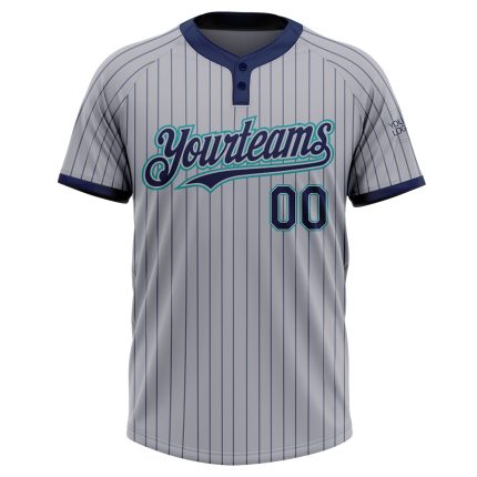 Custom Name and Number Softball Jersey - Gray Navy Pinstripe Teal Unisex Two-Button Design Personalized Gray Navy Pinstripe