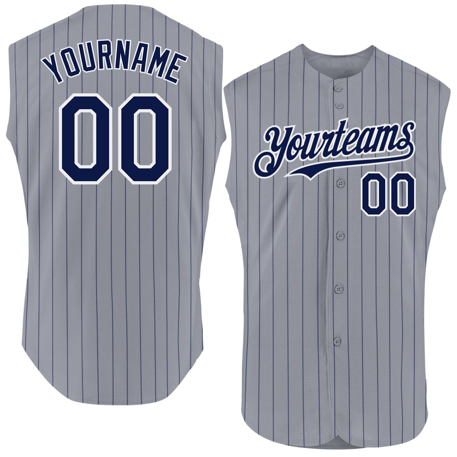 Custom Personalized Authentic Baseball Jersey - Gray Navy Pinstripe Sleeveless with Name and Number Personalized Gray Navy