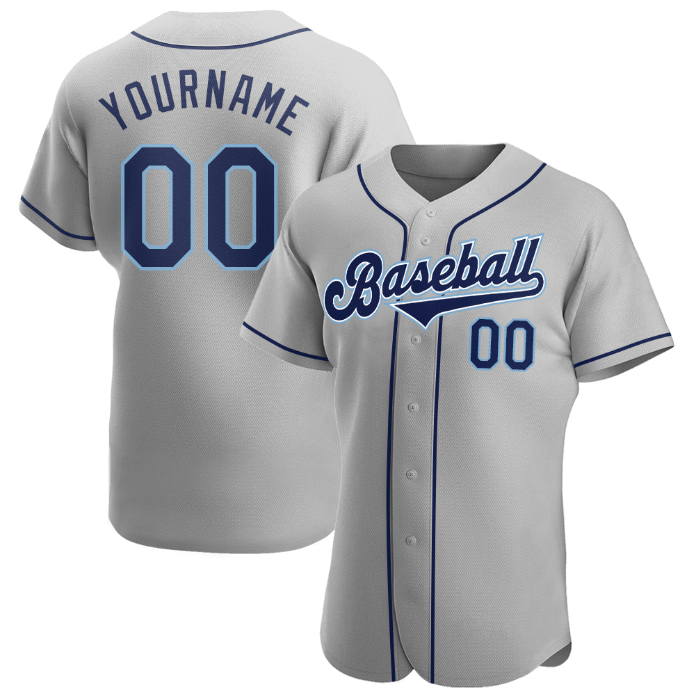 Custom Name and Number Baseball Jersey in Gray Navy Powder Blue - Personalized Authentic Team Apparel Personalized Gray Navy-Powder