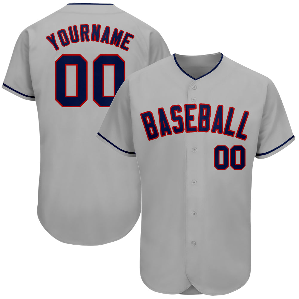 Custom Name and Number Authentic Baseball Jersey - Personalized Gray Navy-Red Team Jersey Personalized Gray Navy-Red Authentic