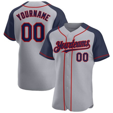 Personalized Custom Name and Number Baseball Jersey - Gray Navy-Red Authentic Raglan Sleeves Personalized Gray Navy-Red Authentic