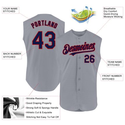 Personalized Gray Navy Red Baseball Jersey - Authentic Sleeveless Design Personalized Gray Navy-Red Authentic Sleeveless