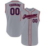 Custom Team Name & Number Personalized Baseball Jersey - Gray Navy Red Authentic Sleeveless Design Personalized Gray Navy-Red