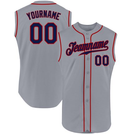 Custom Team Name & Number Personalized Baseball Jersey - Gray Navy Red Authentic Sleeveless Design Personalized Gray Navy-Red