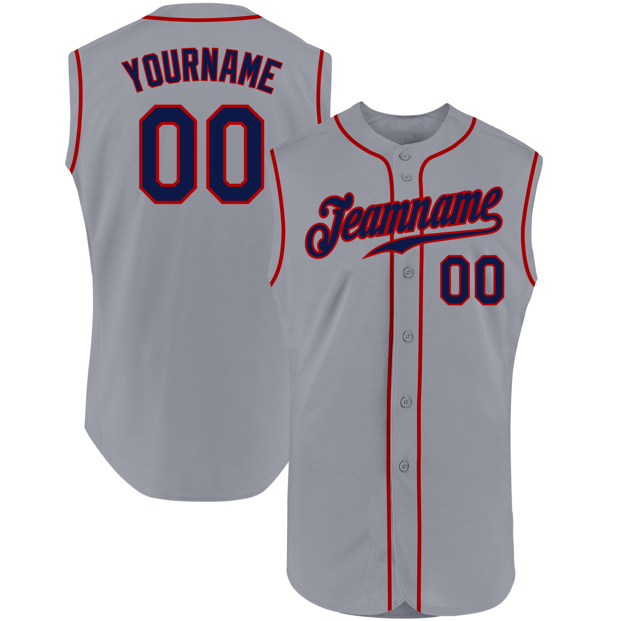 Custom Team Name & Number Personalized Baseball Jersey - Gray Navy Red Authentic Sleeveless Design Personalized Gray Navy-Red