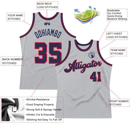 Custom Name and Number Personalized Gray Navy-Red Basketball Jersey - Authentic Throwback Design Personalized Gray Navy-Red