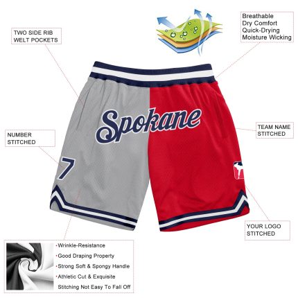 Custom Name Number Basketball Shorts Authentic Throwback Gray Navy Red Fashion Split Design Team Gear Personalized Gray Navy-Red