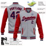 Custom Navy Red Bomber Varsity Jacket with Personalized Name and Number - Gray Two Tone Full-Snap Letterman Style Personalized