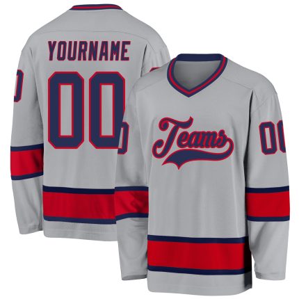 Custom Hockey Jersey with Personalized Name & Number - Gray Navy-Red Personalized Gray Navy-Red Hockey Jersey Team Custom