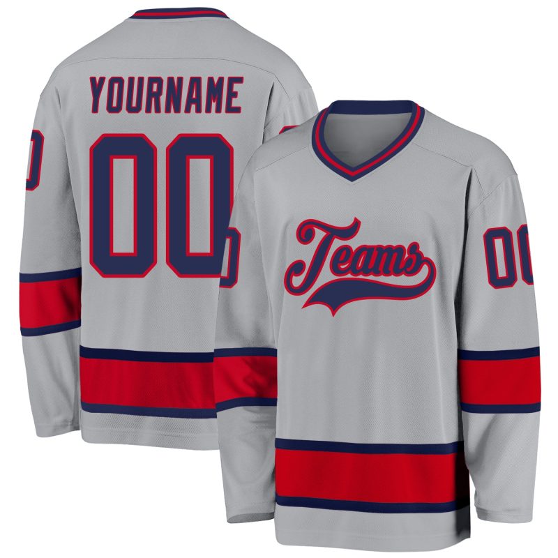 Custom Hockey Jersey with Personalized Name & Number - Gray Navy-Red Personalized Gray Navy-Red Hockey Jersey Team Custom