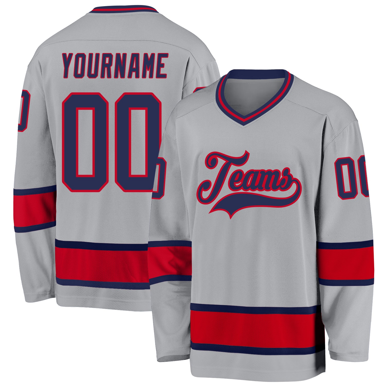 Custom Hockey Jersey with Personalized Name & Number - Gray Navy-Red Personalized Gray Navy-Red Hockey Jersey Team Custom