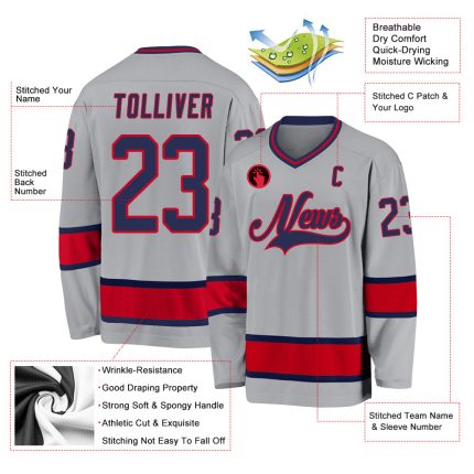 Custom Hockey Jersey with Personalized Name & Number - Gray Navy-Red Personalized Gray Navy-Red Hockey Jersey Team Custom