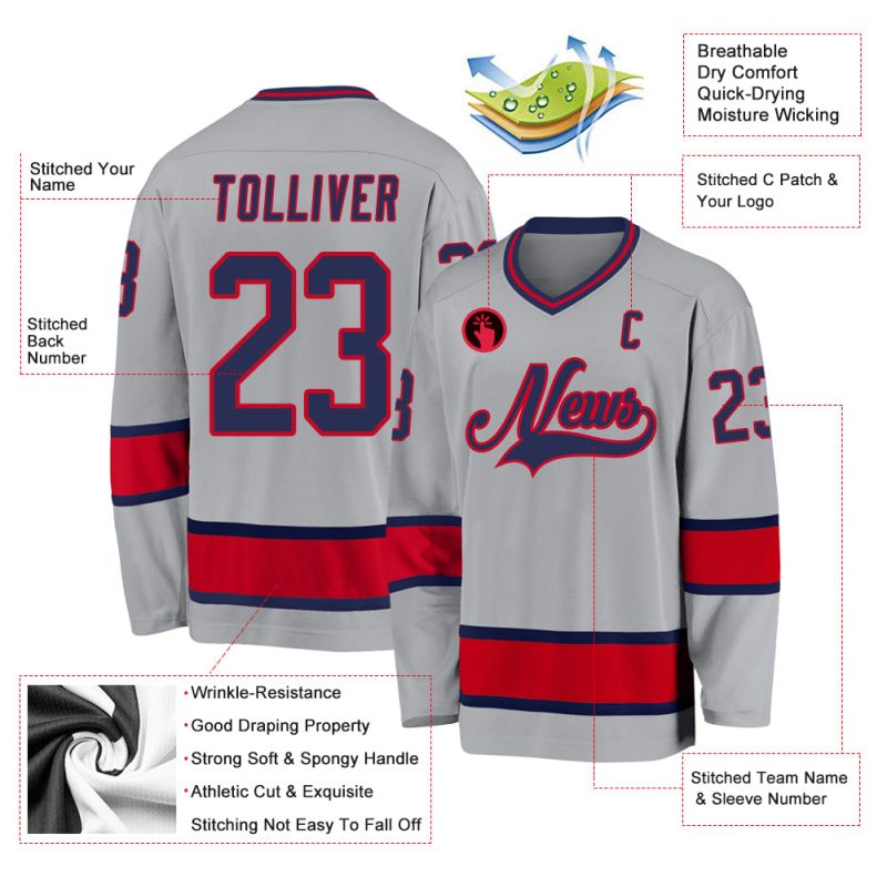 Custom Hockey Jersey with Personalized Name & Number - Gray Navy-Red Personalized Gray Navy-Red Hockey Jersey Team Custom