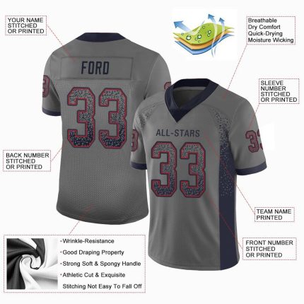 Custom Team Football Jersey in Gray Navy Red Mesh - Personalized Name & Number Drift Style Personalized Gray Navy-Red Mesh