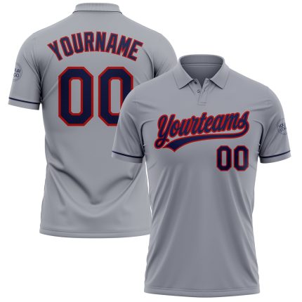 Custom Performance Vapor Golf Polo Shirt - Personalized Gray Navy-Red with Team Name and Number Personalized Gray Navy-Red