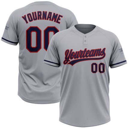 Personalized Unisex Softball Jersey in Gray Navy-Red - Two-Button Design Personalized Gray Navy-Red Two-Button Unisex Softball