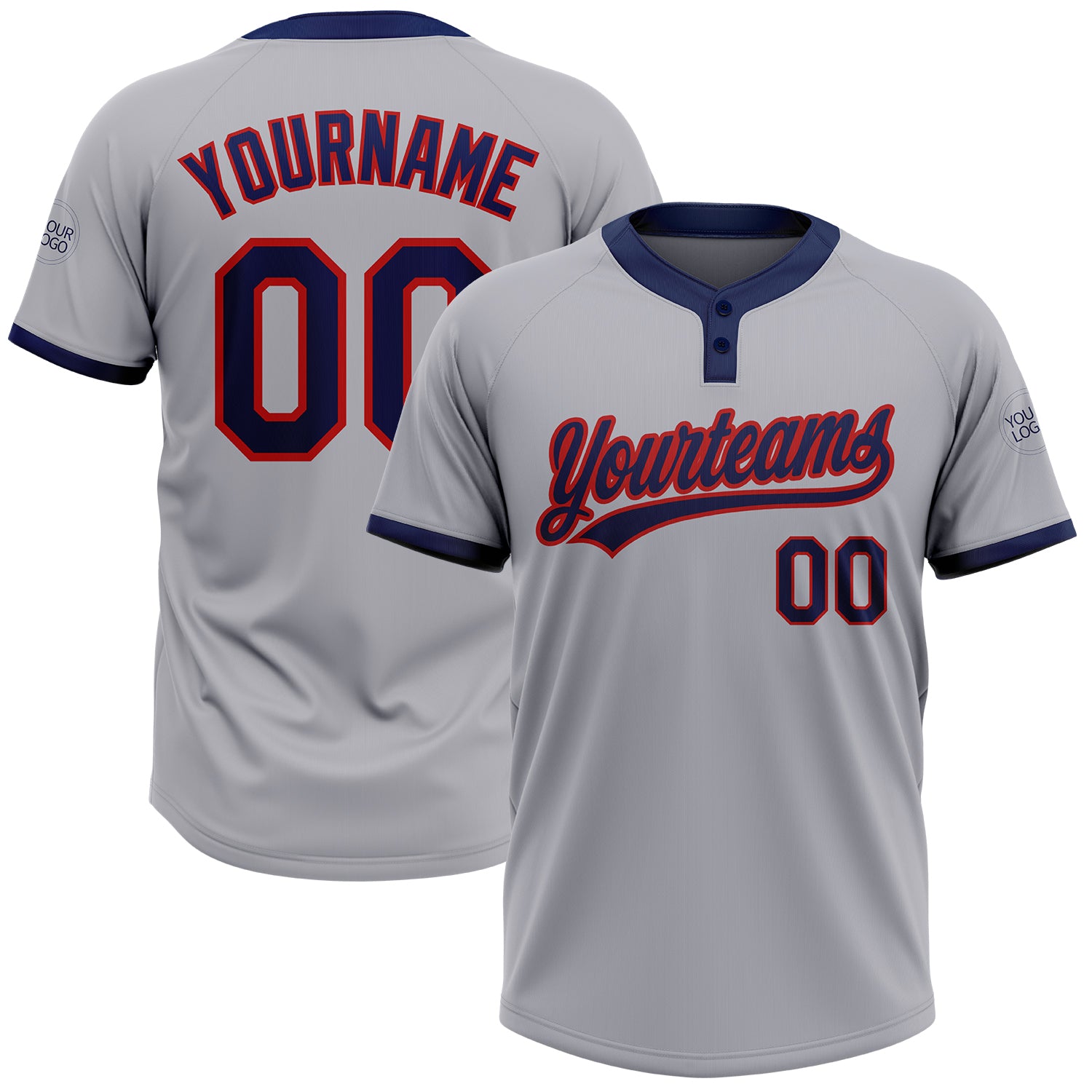 Custom Name and Number Unisex Softball Jersey - Personalized Gray Navy-Red Two-Button Design Personalized Gray Navy-Red Two-Button