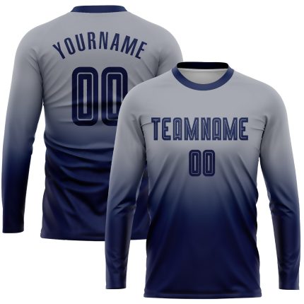 Custom Name and Number Soccer Uniform Jersey - Personalized Gray Navy Long Sleeve Fade Fashion Personalized Gray Navy Sublimation
