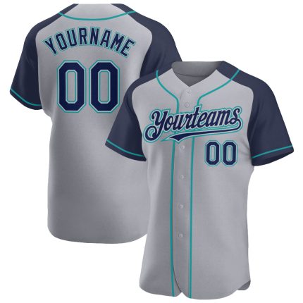 Custom Name and Number Baseball Jersey - Personalized Gray Navy-Teal Authentic Raglan Sleeves Personalized Gray Navy-Teal