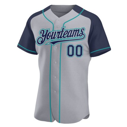 Custom Name and Number Baseball Jersey - Personalized Gray Navy-Teal Authentic Raglan Sleeves Personalized Gray Navy-Teal