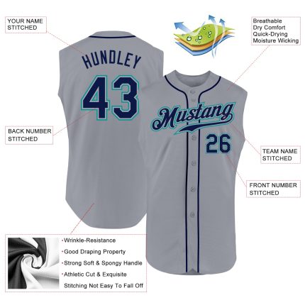 Custom Name Number Personalized Baseball Jersey Gray Navy Teal Sleeveless Authentic Team Personalized Gray Navy-Teal Authentic