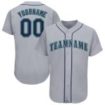 Custom Name and Number Personalized Baseball Jersey Gray Navy-Teal Team Apparel Personalized Gray Navy-Teal Baseball Jersey
