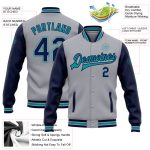 Custom Team Name Number Personalized Gray Navy Teal Bomber Varsity Letterman Two Tone Jacket Full-Snap Personalized Gray