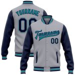 Custom Team Name Number Personalized Gray Navy Teal Bomber Varsity Letterman Two Tone Jacket Full-Snap Personalized Gray