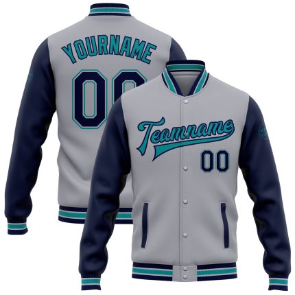 Custom Team Name Number Personalized Gray Navy Teal Bomber Varsity Letterman Two Tone Jacket Full-Snap Personalized Gray