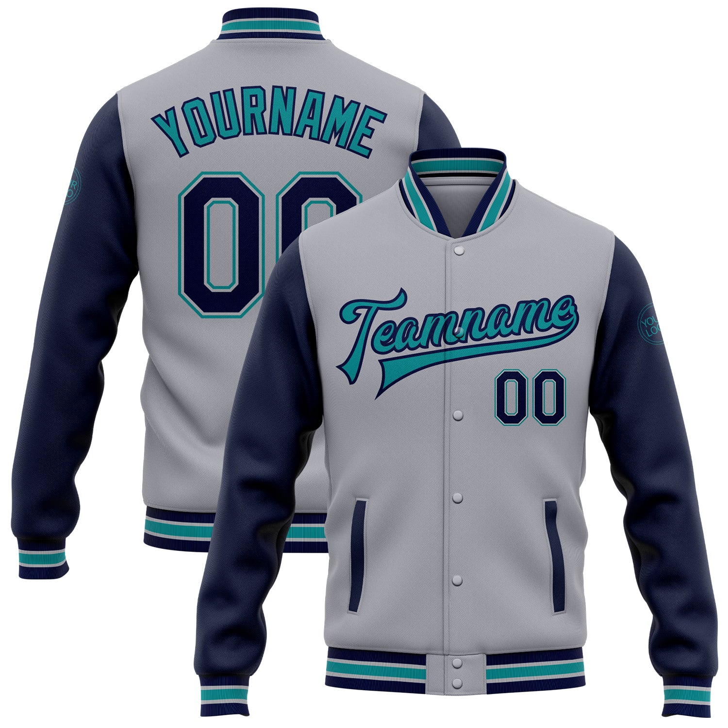 Custom Team Name Number Personalized Gray Navy Teal Bomber Varsity Letterman Two Tone Jacket Full-Snap Personalized Gray