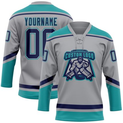 Custom Name Number Hockey Jersey - Personalized Gray Navy Teal Lace Neck Team Gear Personalized Gray Navy-Teal Hockey Lace
