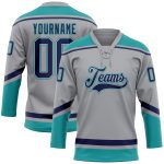 Custom Name Number Hockey Jersey - Personalized Gray Navy Teal Lace Neck Team Gear Personalized Gray Navy-Teal Hockey Lace