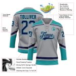 Custom Name Number Hockey Jersey - Personalized Gray Navy Teal Lace Neck Team Gear Personalized Gray Navy-Teal Hockey Lace