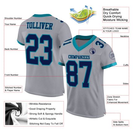 Custom Name and Number Personalized Navy-Teal Gray Mesh Football Jersey Authentic Personalized Gray Navy-Teal Mesh Authentic