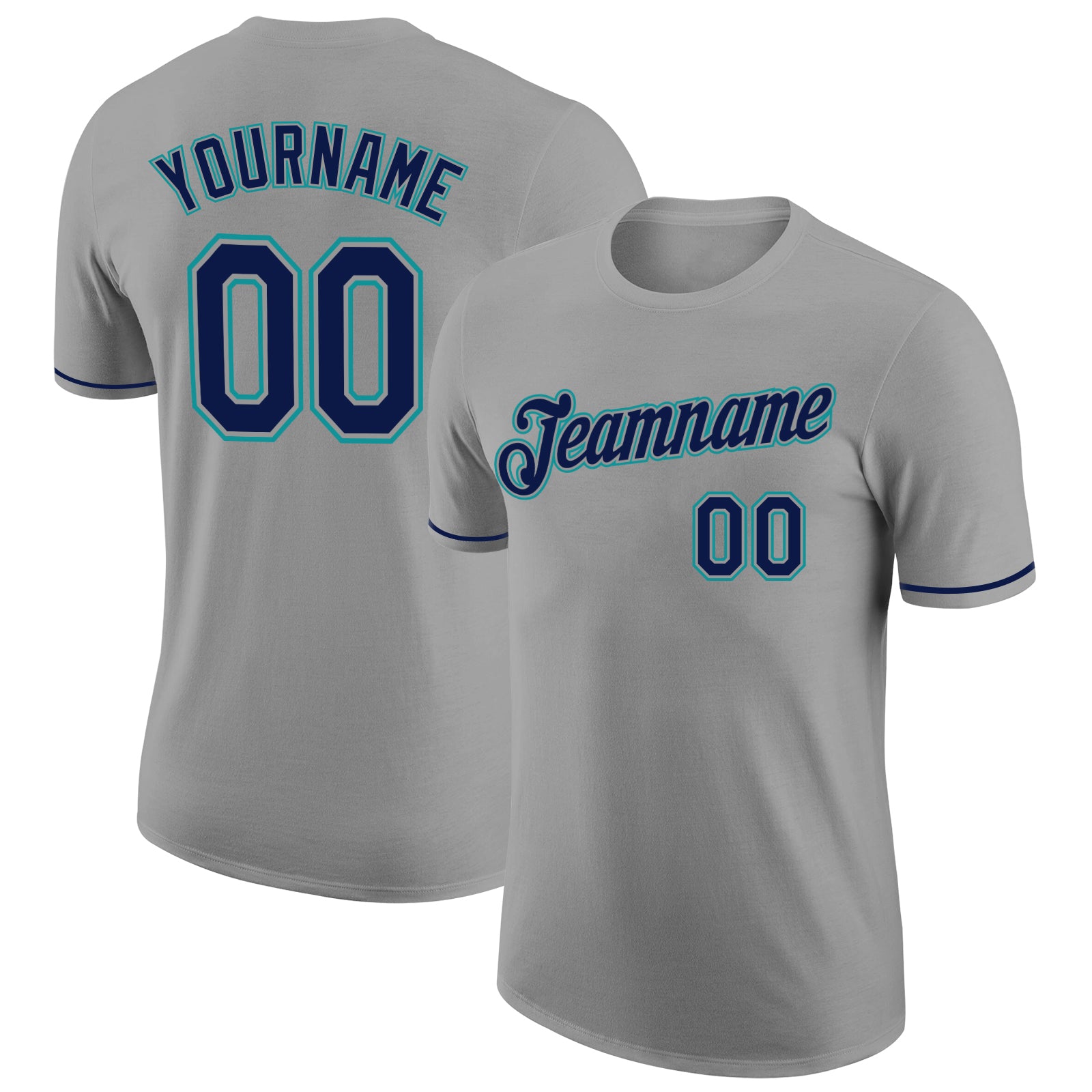 Custom Team Performance T-Shirt with Personalized Name and Number - Gray Navy Teal Personalized Gray Navy-Teal Performance