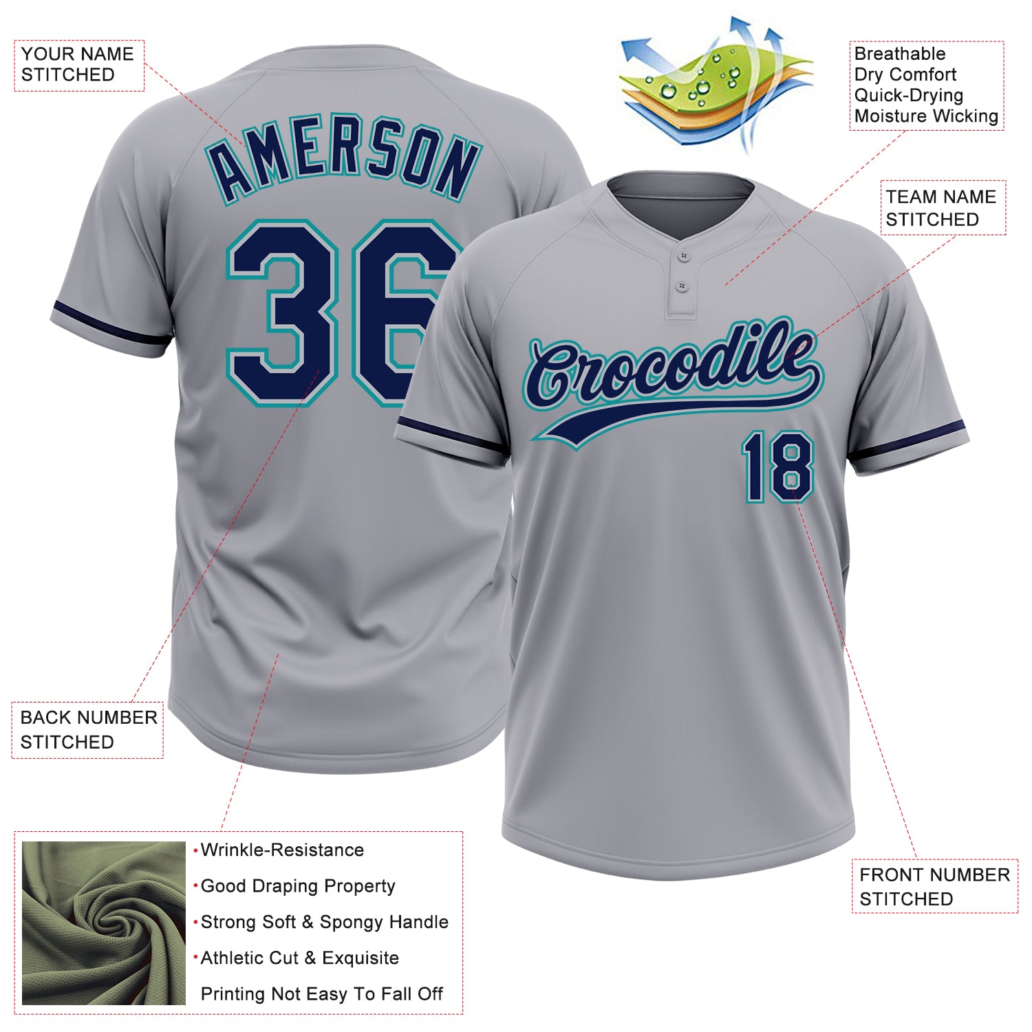 Personalized Gray Navy-Teal Two-Button Unisex Softball Jersey Personalized Unisex Softball Jersey in Gray Navy-Teal, Two-Button Design Personalized Gray Navy-Teal Two-Button Unisex Softball - Image 3