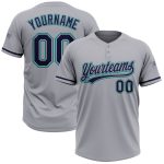 Personalized Unisex Softball Jersey in Gray Navy-Teal, Two-Button Design Personalized Gray Navy-Teal Two-Button Unisex Softball
