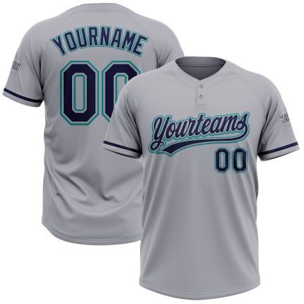 Personalized Unisex Softball Jersey in Gray Navy-Teal, Two-Button Design Personalized Gray Navy-Teal Two-Button Unisex Softball