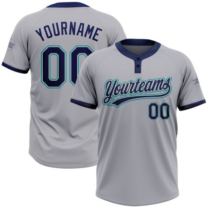 Custom Name Number Unisex Softball Jersey in Gray Navy Teal - Personalized Two-Button Team Jersey Personalized Gray Navy-Teal