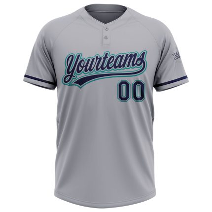 Personalized Unisex Softball Jersey in Gray Navy-Teal, Two-Button Design Personalized Gray Navy-Teal Two-Button Unisex Softball