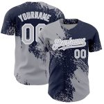 Custom Name and Number Baseball Jersey - Personalized 3D Abstract Brush Stroke Design in Gray Navy and White Personalized