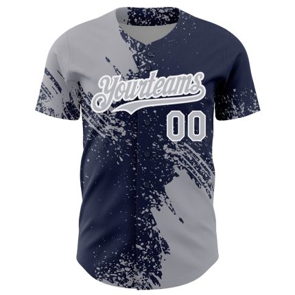 Custom Name and Number Baseball Jersey - Personalized 3D Abstract Brush Stroke Design in Gray Navy and White Personalized