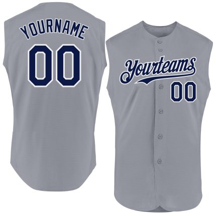 Custom Gray Navy-White Authentic Sleeveless Baseball Jersey for Men Personalized Gray Navy-White Authentic Sleeveless Baseball