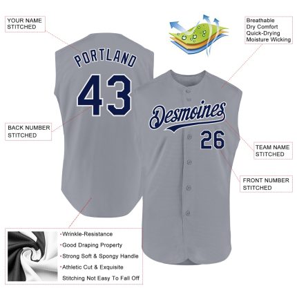 Custom Gray Navy-White Authentic Sleeveless Baseball Jersey for Men Personalized Gray Navy-White Authentic Sleeveless Baseball